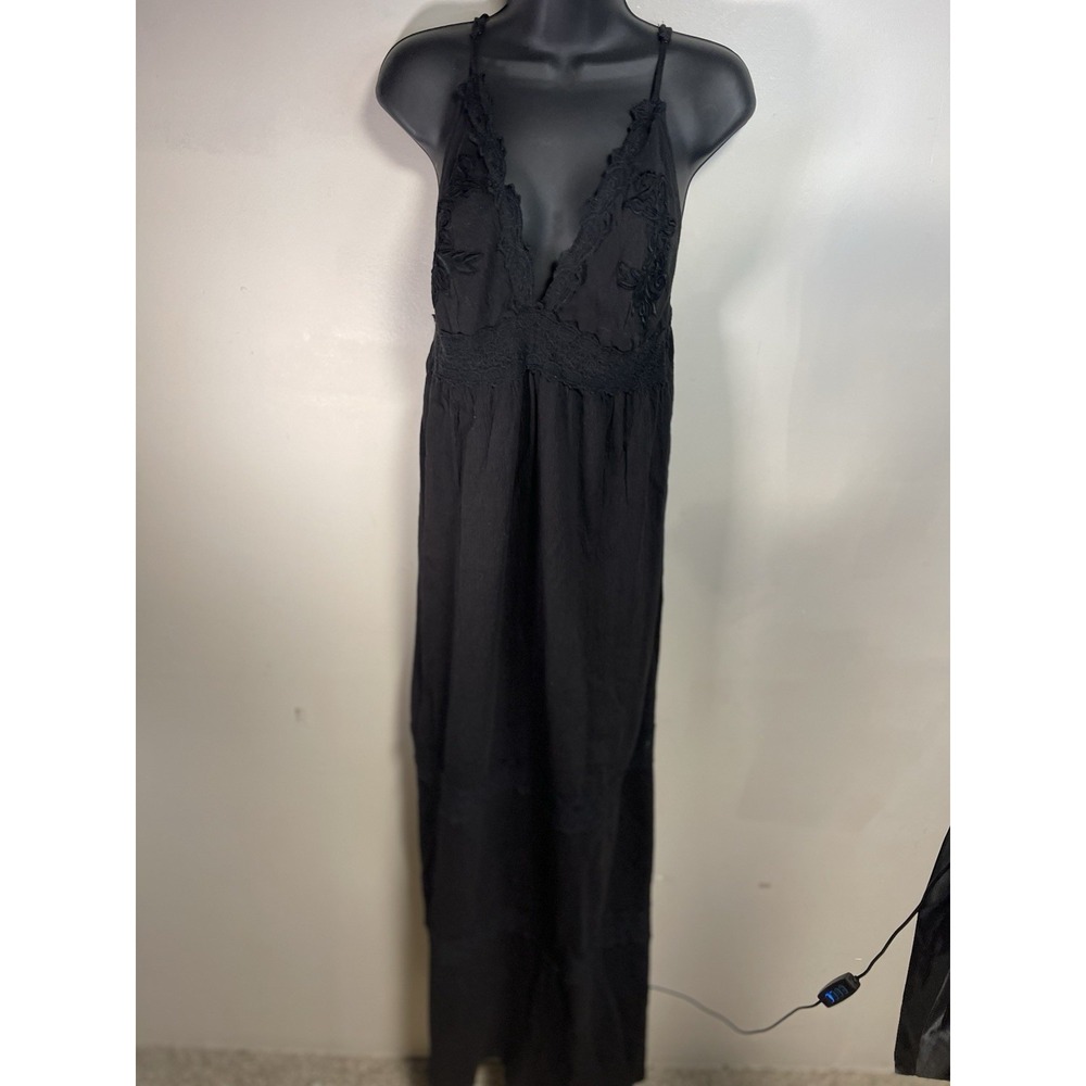 Cisos Design Black Maxi Slip Dress DeepVneck Embroidered Womens Size8 Whimsigoth